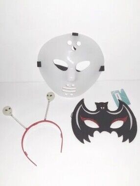 3 Halloween Costume Accessory Lot Jason Hockey Mask, Bat Eye Mask, Alien Boppers